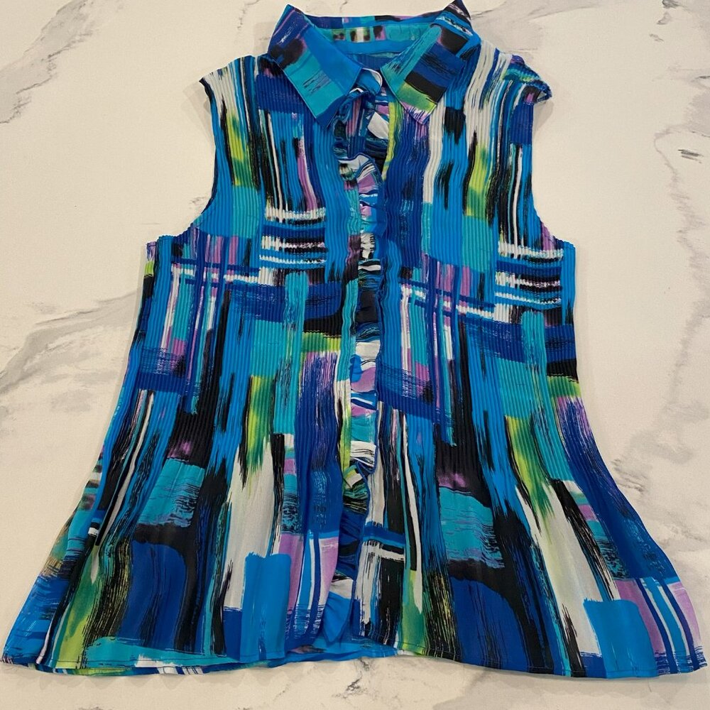 No Tag - Geometric/Funky Pattern, Lightweight, Collared, Ruffle, Blue - Size M - Picture 5 of 6